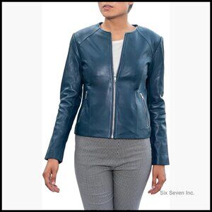 Slim Fit Lambskin Leather Jacket with Round Neck and Zipper Cuffs